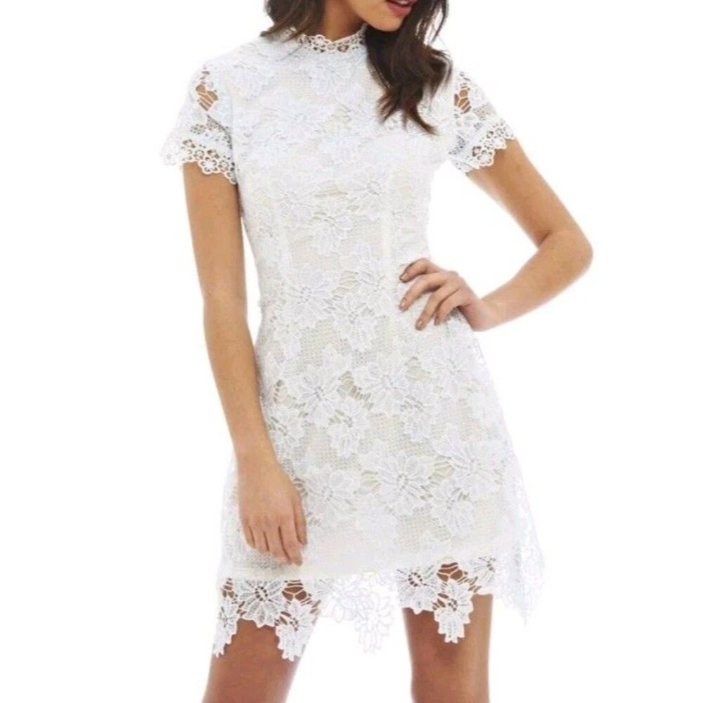 NEW AX Paris Crochet Dress Size 12 Cream Floral Lace High Neck Wedding Guest NWT